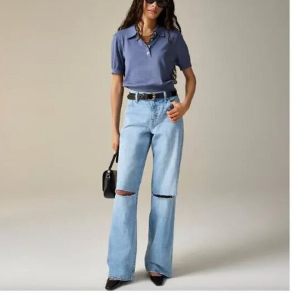 J.Crew Petite Lower Rise Distressed Wide Leg Jean Blue Synniva Wash US 32P NWT. - Picture 1 of 6